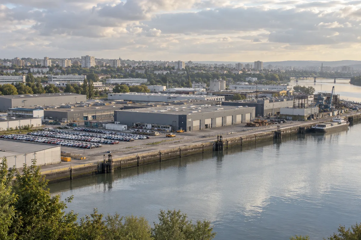 Zone d&rsquo;activité en bord de fleuve avec entrepôts et véhicules de réemploi vus de loin