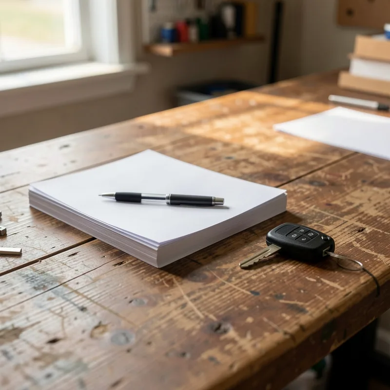 Documents de cession d&rsquo;un véhicule pour destruction posés sur un comptoir d&rsquo;atelier