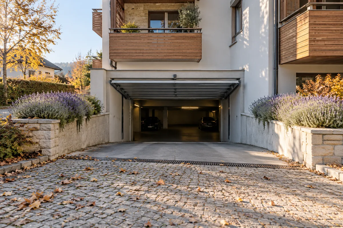 Entrée d&rsquo;un garage de copropriété avec sa rampe vers le sous-sol