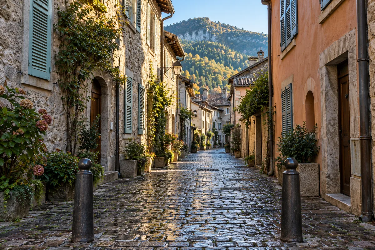 Ruelle pavée fermée par des bornes, typique d&rsquo;une zone piétonne de centre ancien