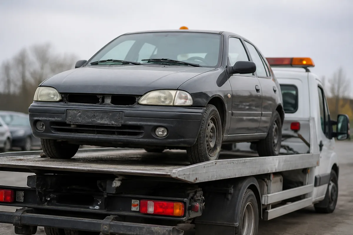 Véhicule hors d&rsquo;usage chargé sur un plateau de dépannage pour transfert vers un centre agréé