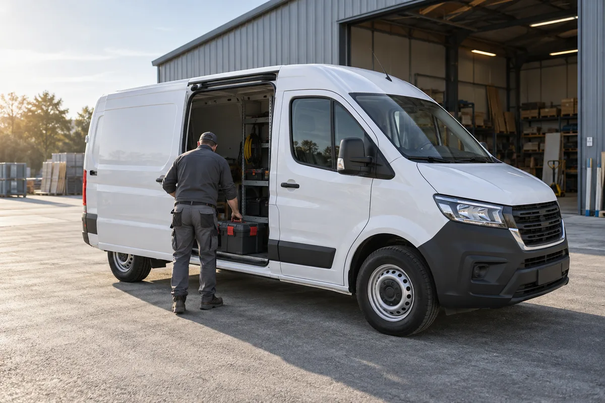 Artisan chargeant un fourgon neuf devant son entrepôt