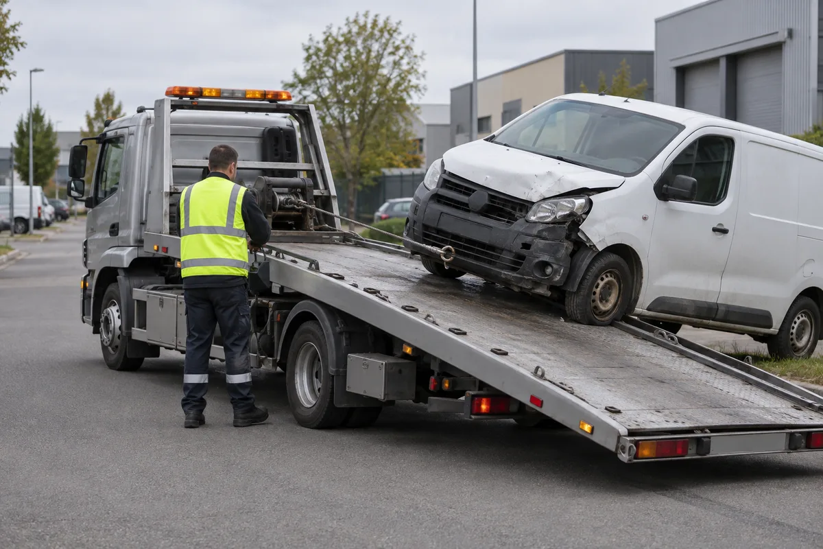 Fourgon hors d’usage chargé sur un camion plateau