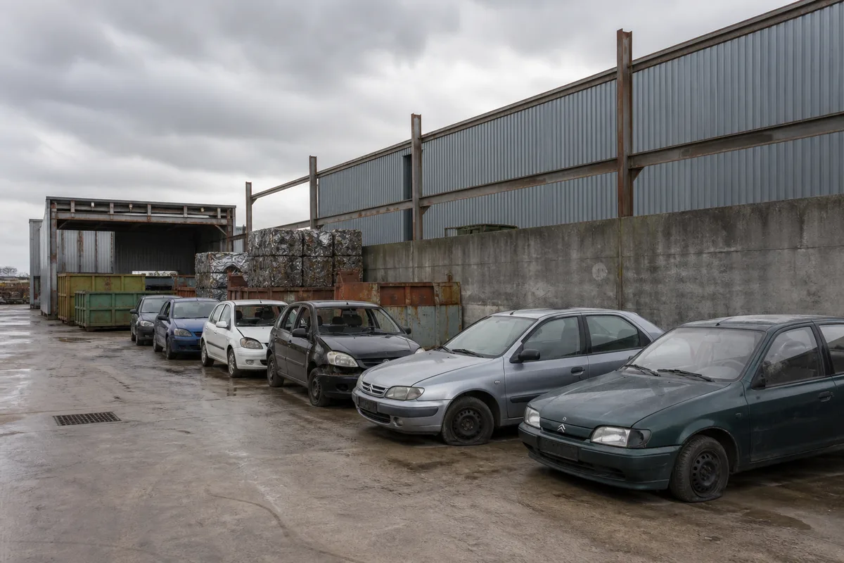 Zone d&rsquo;admission d&rsquo;un centre de démolition automobile avec véhicules alignés avant traitement