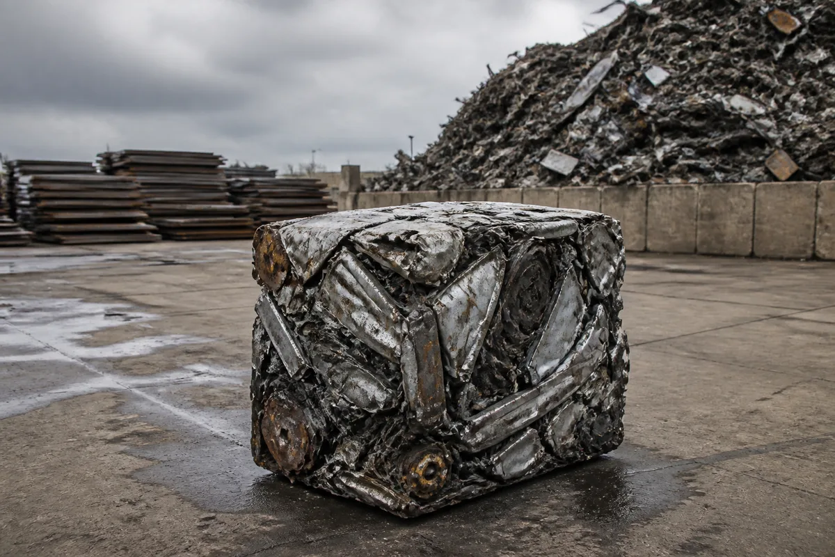 Carcasse de voiture compressée en cube d&rsquo;acier sur une aire de stockage