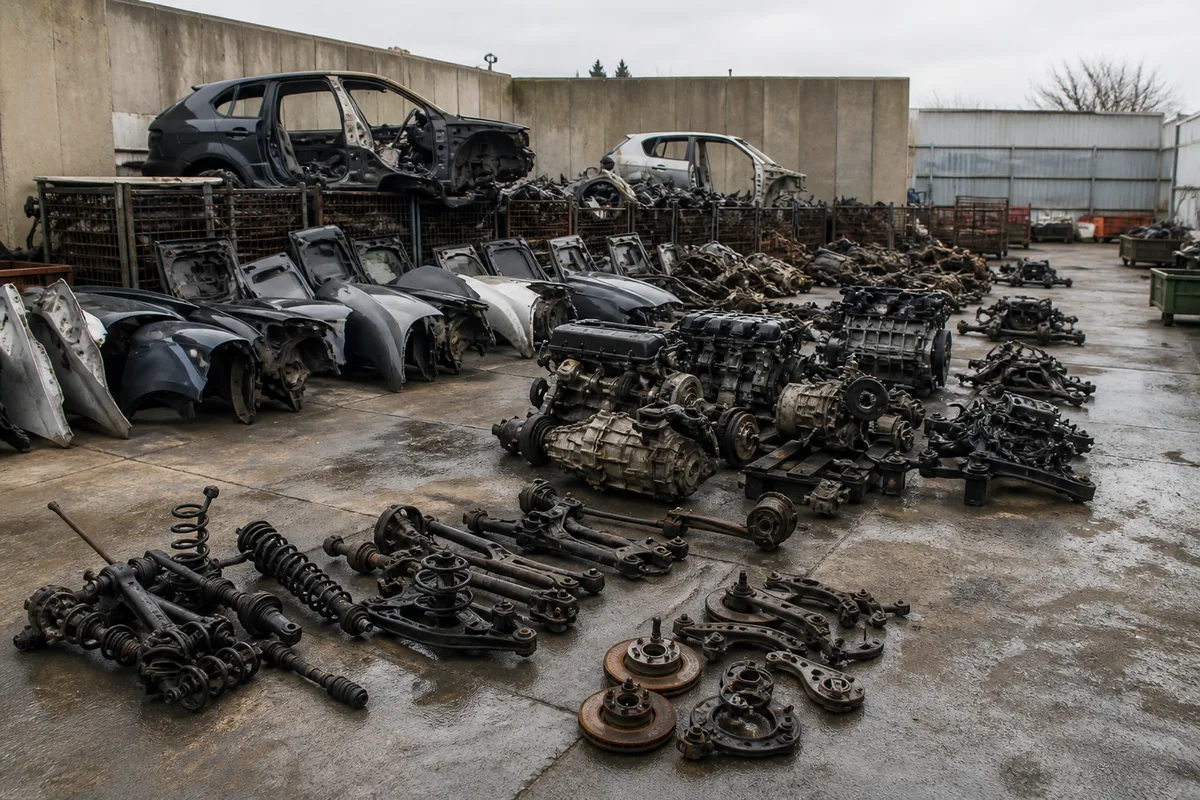 Pièces automobiles récupérées et triées après démontage d&rsquo;un véhicule